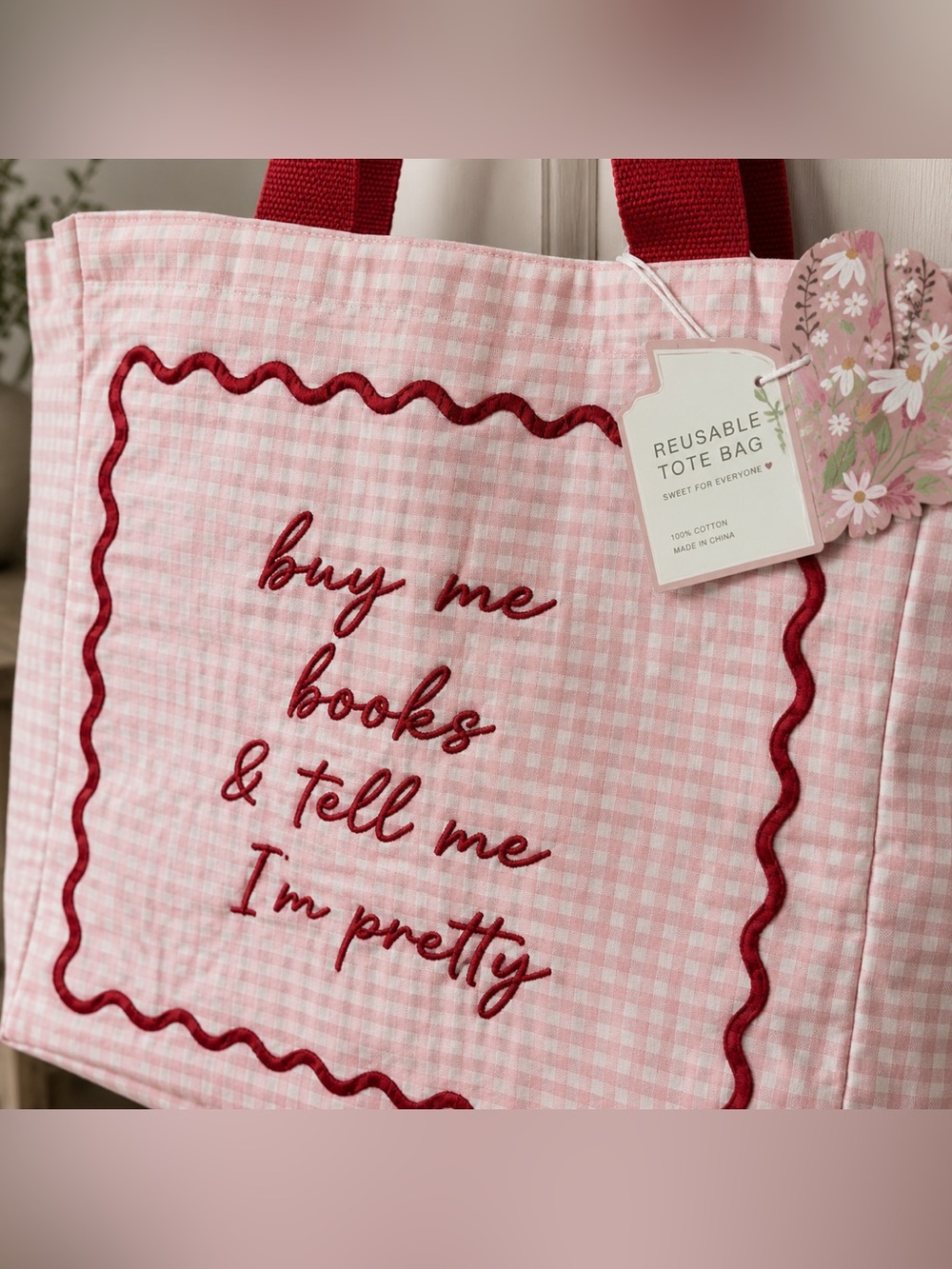 Buy Me Books & Tell Me I'm Pretty Canvas Tote Bag Red Gingham Check Embroidered